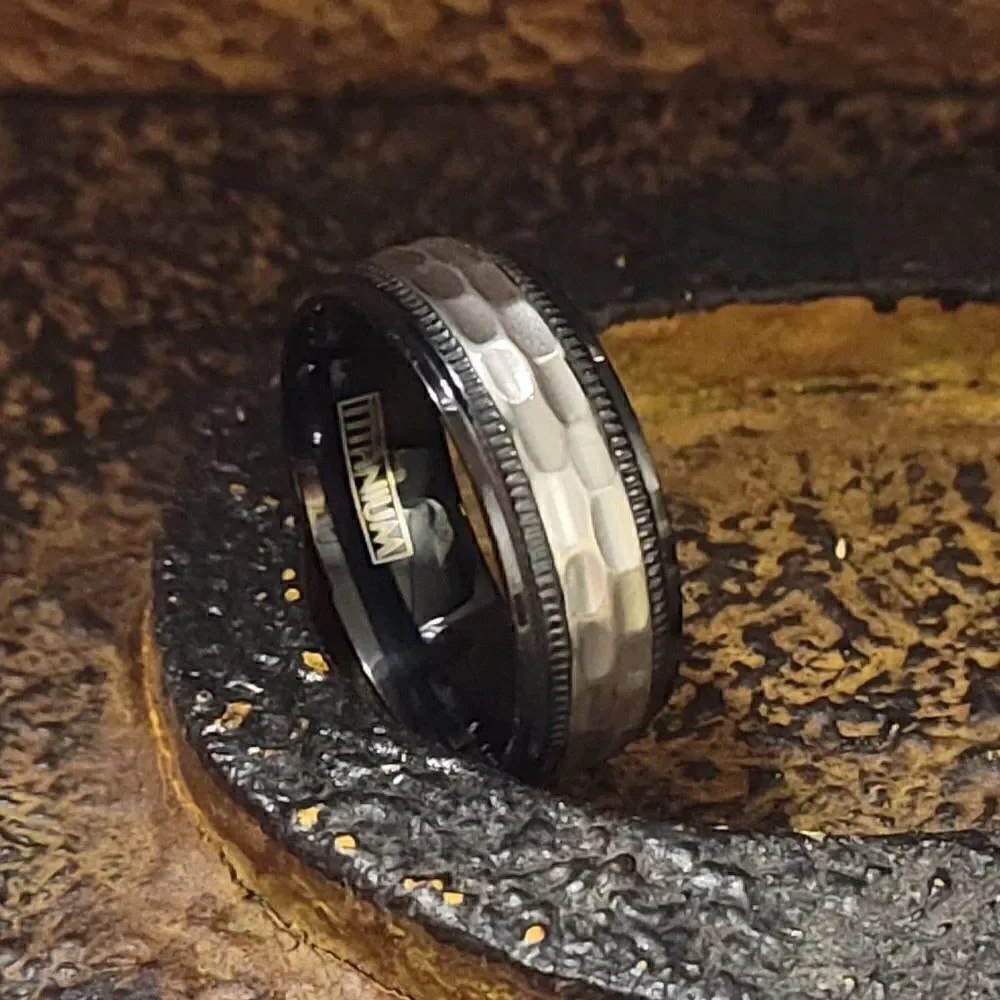 Men's Hammered Titanium Promise Ring Band - Black and Silver Hammered Titanium
